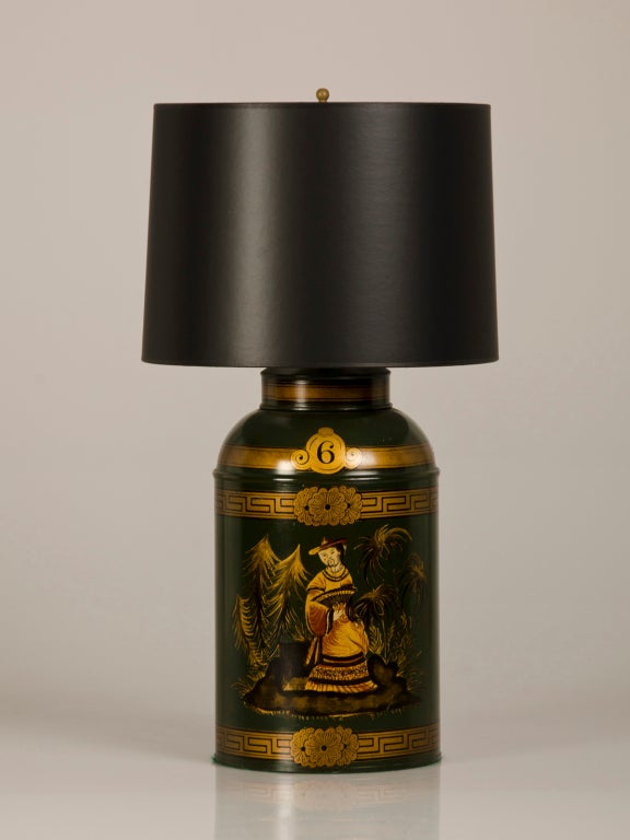 Edwardian George III Style Antique English Tôle Tea Tin Mounted as a Lamp circa 1910
