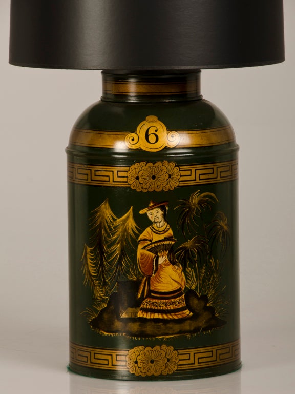 Painted George III Style Antique English Tôle Tea Tin Mounted as a Lamp circa 1910