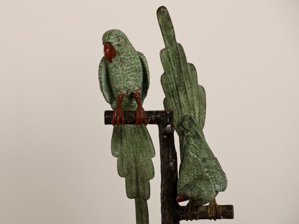 Cast Pair of Antique Austrian Painted Lifesize Parrots on a Tree Stand, circa 1890