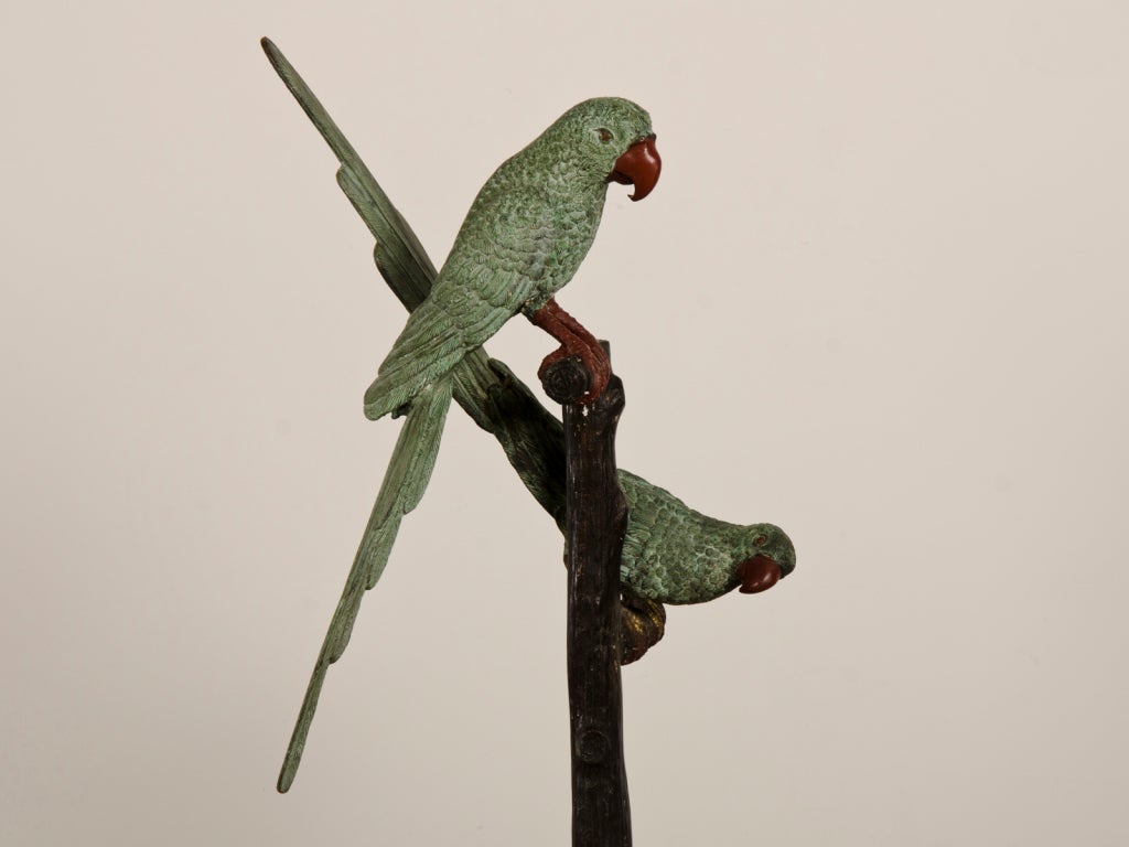 Pair of Antique Austrian Painted Lifesize Parrots on a Tree Stand, circa 1890 In Excellent Condition In Houston, TX