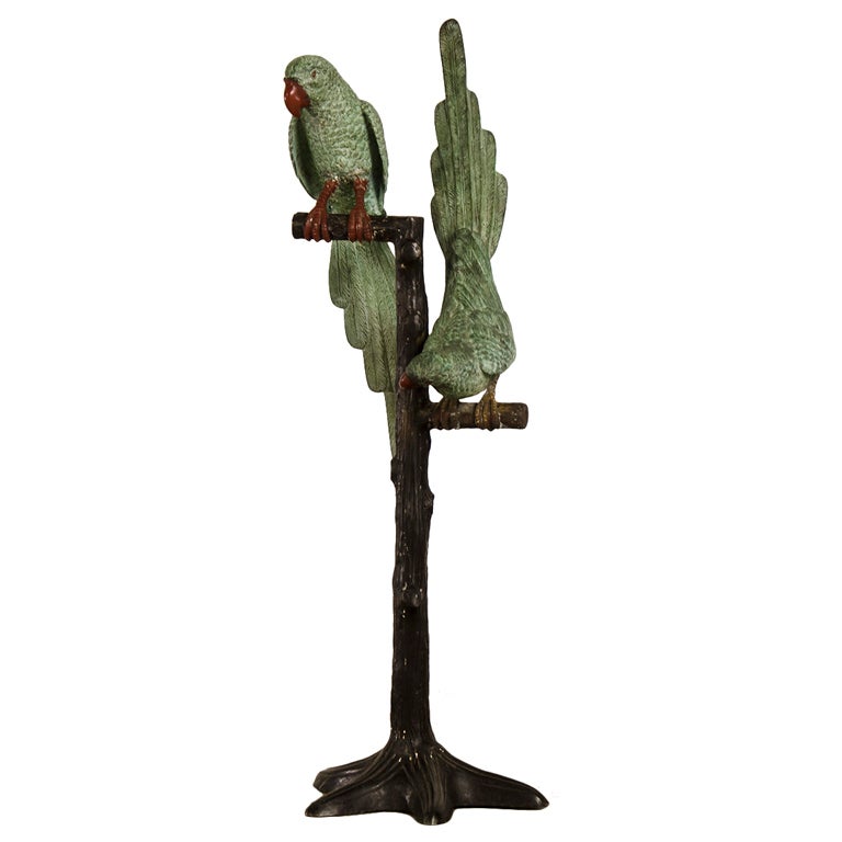 Pair of Antique Austrian Painted Lifesize Parrots on a Tree Stand, circa 1890