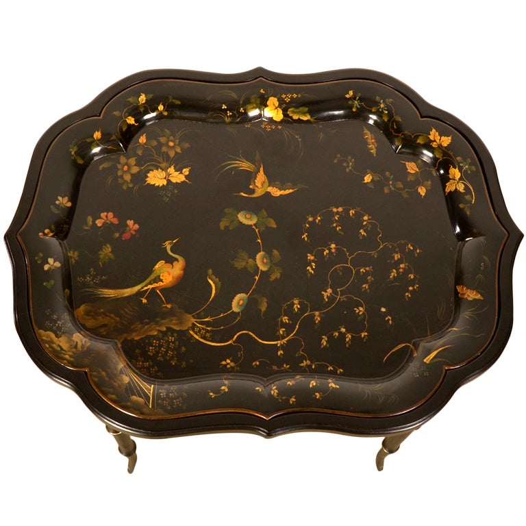 Chinoiserie Papier Mache Tray, England c.1880, Mounted on a Custom Painted Stand