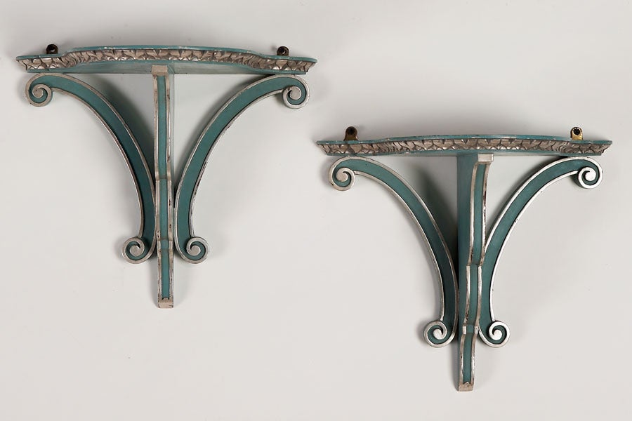 Receive our new selections direct from 1stdibs by email each week. Please click Follow Dealer below and see them first!

A pair of beautiful antique English Arts and Crafts period painted wall brackets circa 1890 having a gorgeous turquoise color