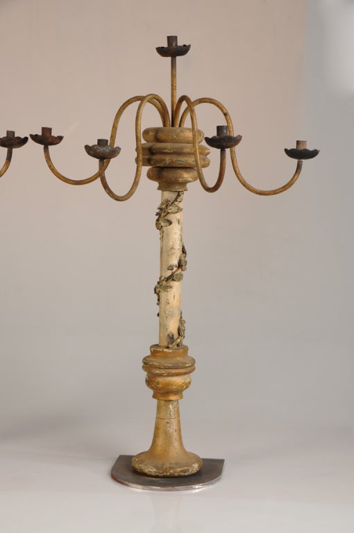 Receive our new selections direct from 1stdibs by email each week. Please click Follow Dealer below and see them first!

A pair of monumental carved, gilded and painted wood antique Italian candelabras circa 1850 each having five arms assembled