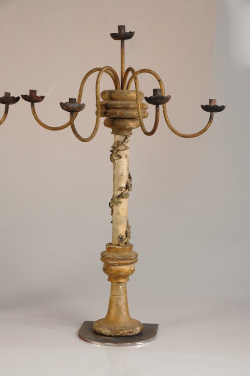 Pair of Antique Italian Gilded, Carved, Painted Five-Arm Candelabras, circa 1850