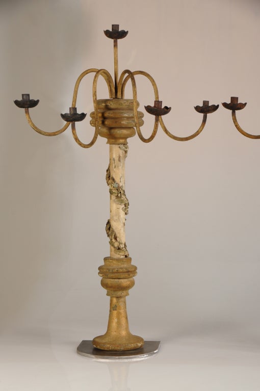 Pair of Antique Italian Gilded, Carved, Painted Five-Arm Candelabras, circa 1850 For Sale 1