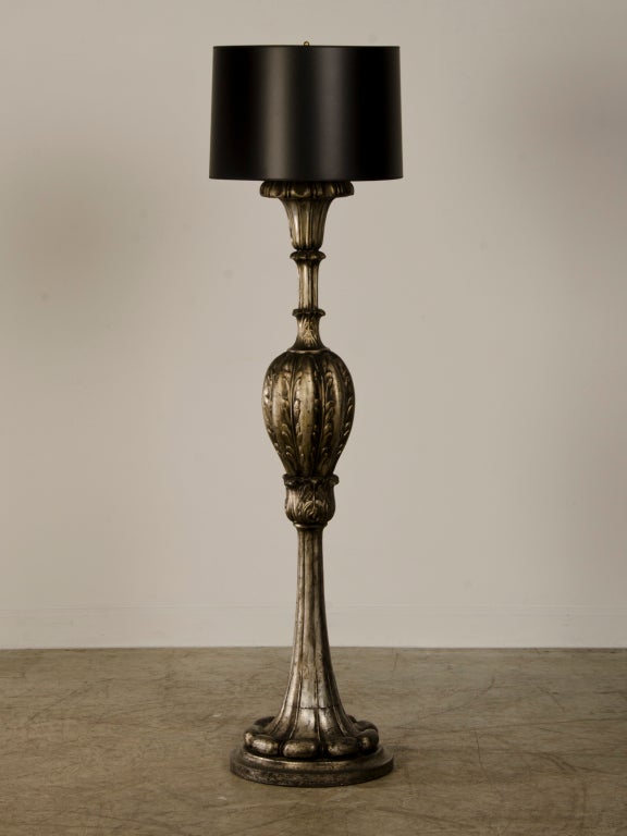 Antique Italian Silver Leaf Carved Wood Candle Stand Floor Lamp, circa 1900