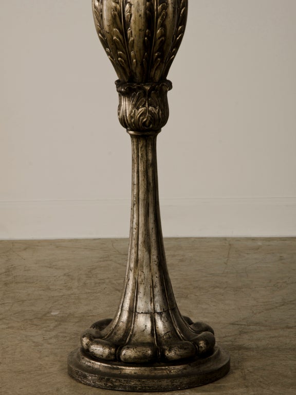 Neoclassical Antique Italian Silver Leaf Carved Wood Candle Stand Floor Lamp, circa 1900 For Sale