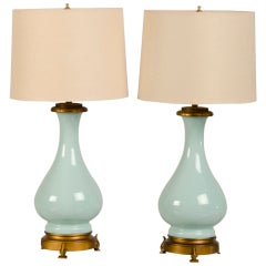Vintage Pair of Elegant Celadon Colored Lamps from France ca. 1890