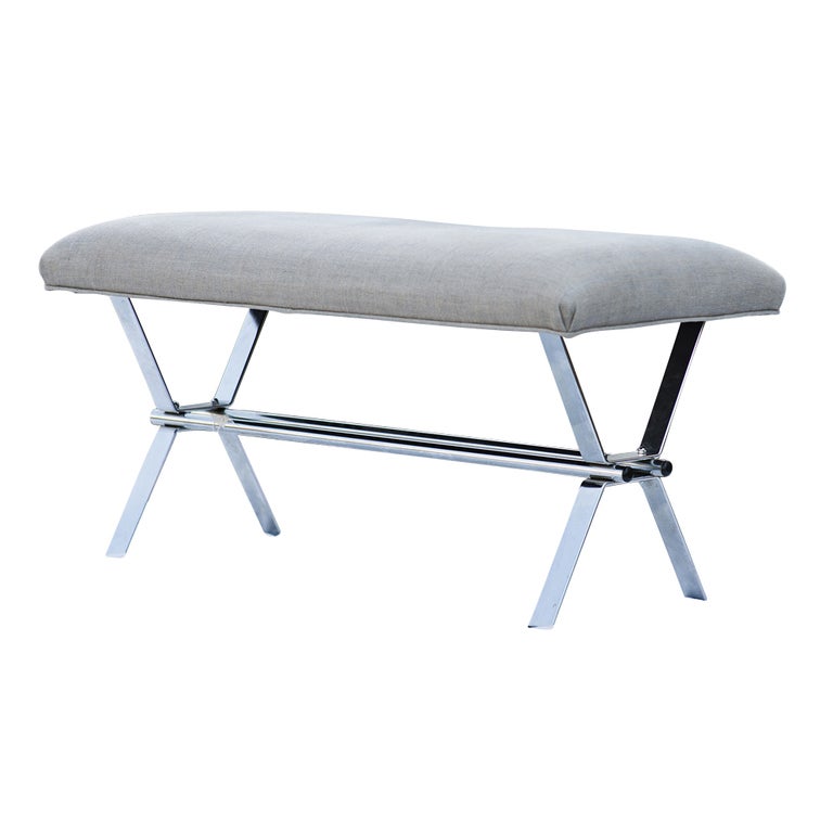 Milo Baughman Style Mid Century Chrome and Linen Bench