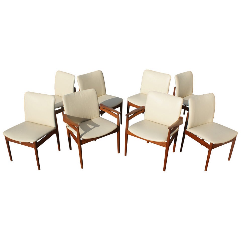 Set of Eight Danish Teak Leather Dining Chairs Finn Juhl Side and Armchairs