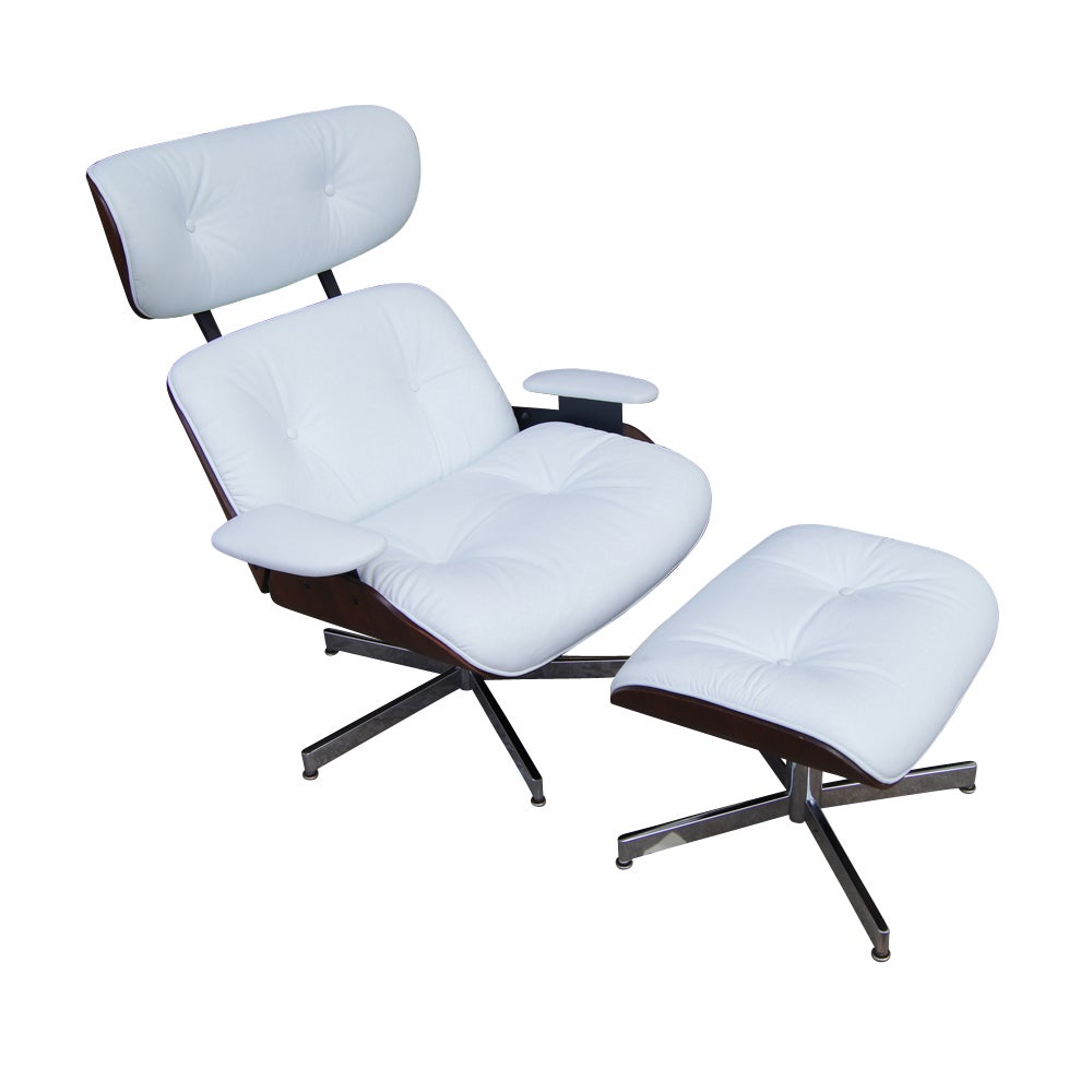 Plycraft Eames Style Walnut & White Leather Lounge & Ottoman