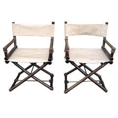 Pair of McGuire Oak and Leather X-Chair Folding Director  Chairs