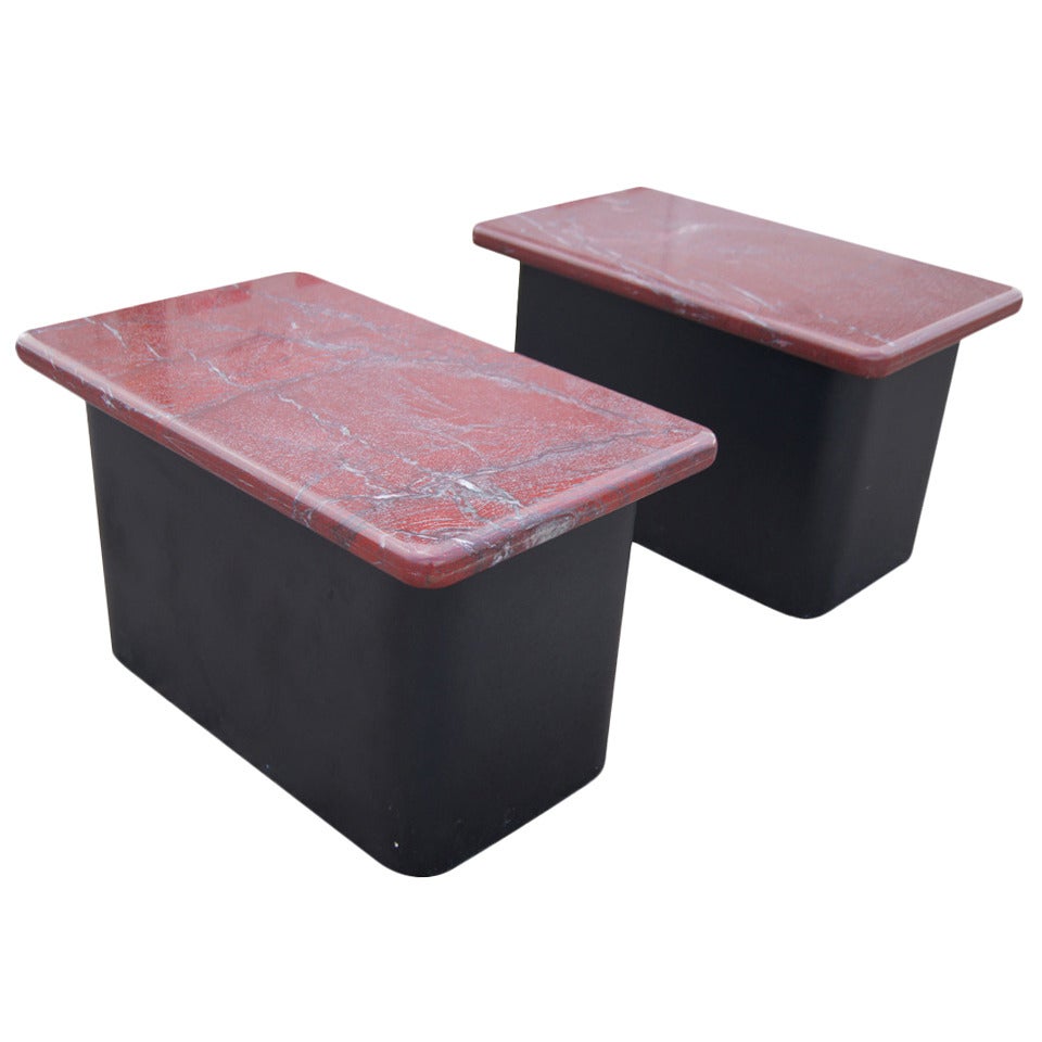 Pair of Red Marble and Wood Side End Tables For Sale