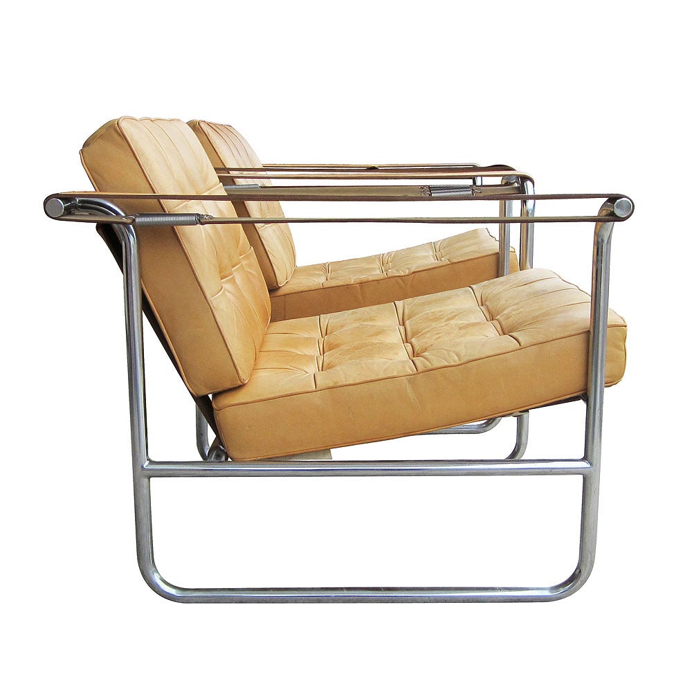 Swiss Pair of Vintage Leather and Chrome Lounge Chairs by Kurt Thut for Stendig