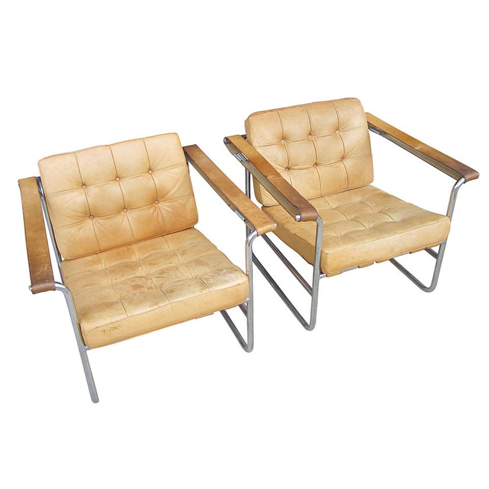 Pair of Vintage Leather and Chrome Lounge Chairs by Kurt Thut for Stendig