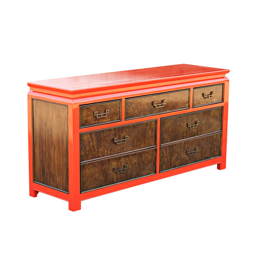 Century Chin Hua Burled Ash And Orange Lacquer Dresser