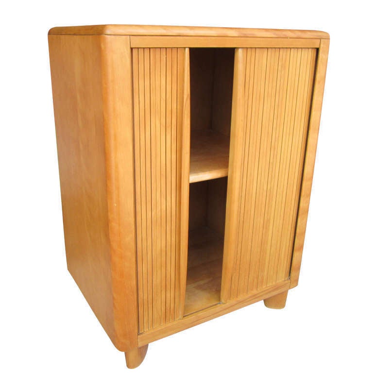 A stunning and rare two tier cabinet with tambour scrolling doors. Japanese minimalist inspired style. Excellent design, solid wood. Honey wheat natural wood color.