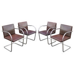 Four Mies Van Der Rohe For Knoll Brown Leather Brno Chairs