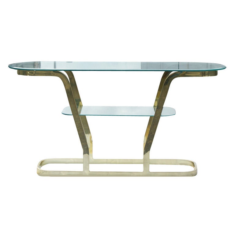Two Tier Brass And Glass Console Sofa Table For Sale