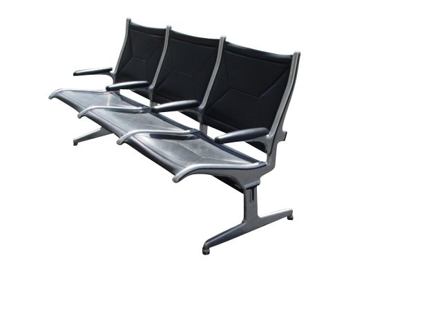 A mid century modern Tandem Seating unit designed by Charles and Ray Eames and made by Herman Miller.  An aluminum frame and legs with black leather sling seats and backs.