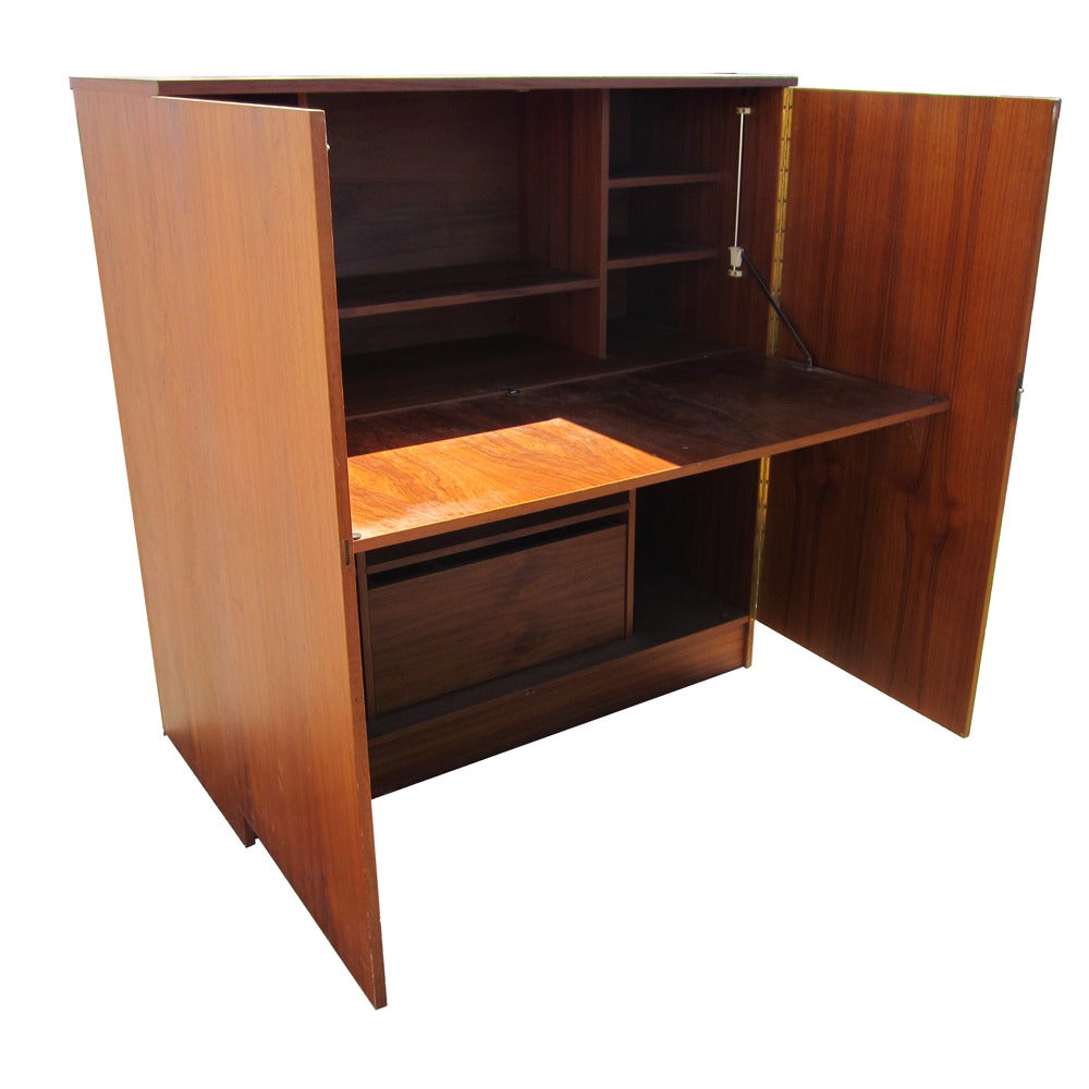 Teak Dropfront Secretary Desk with Drawer and Compartments