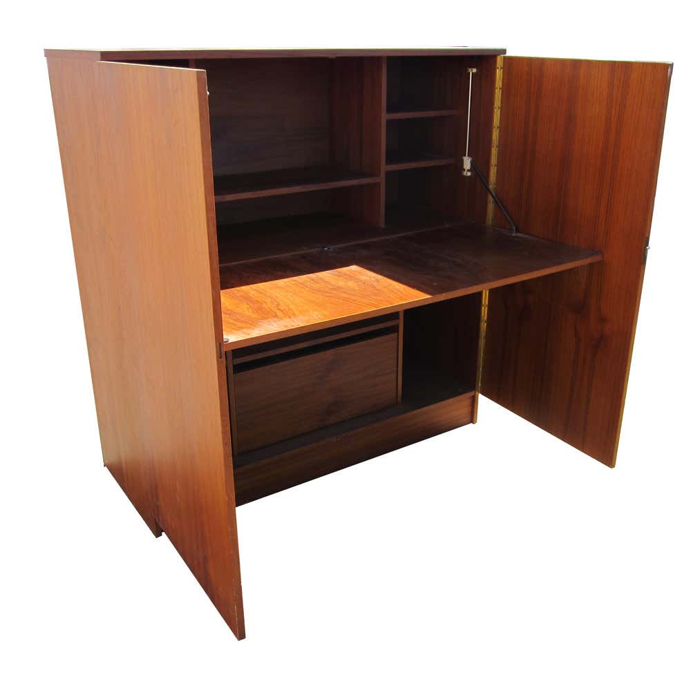 Teak Dropfront Secretary Desk with Drawer and Compartments at 1stDibs
