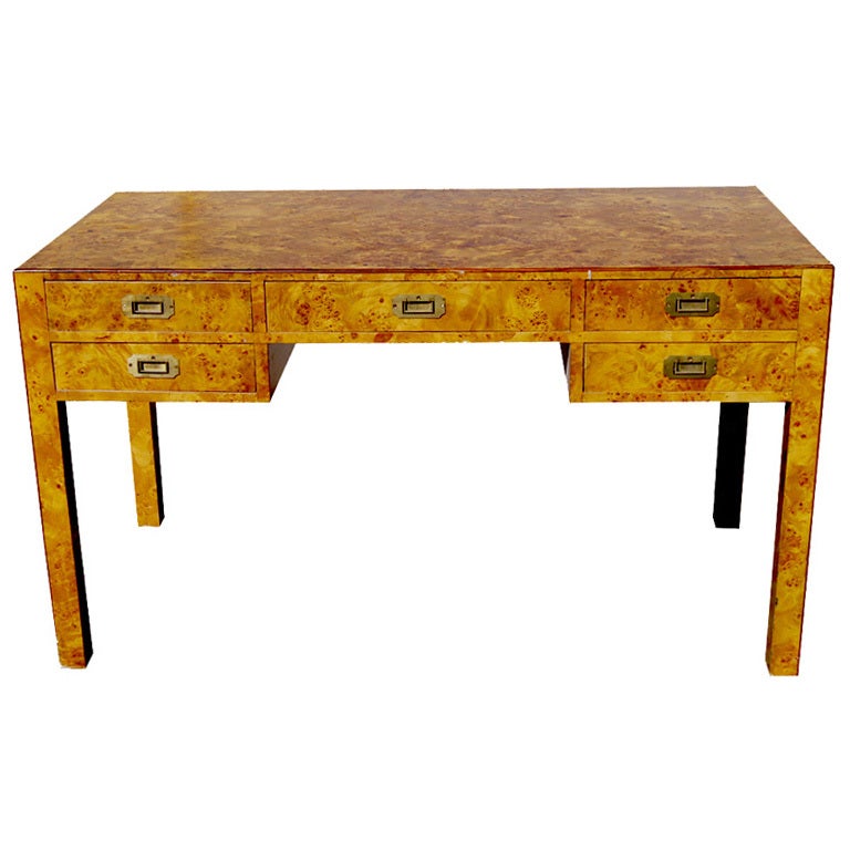 Burled Wood Writing Desk With Campaign Hardware