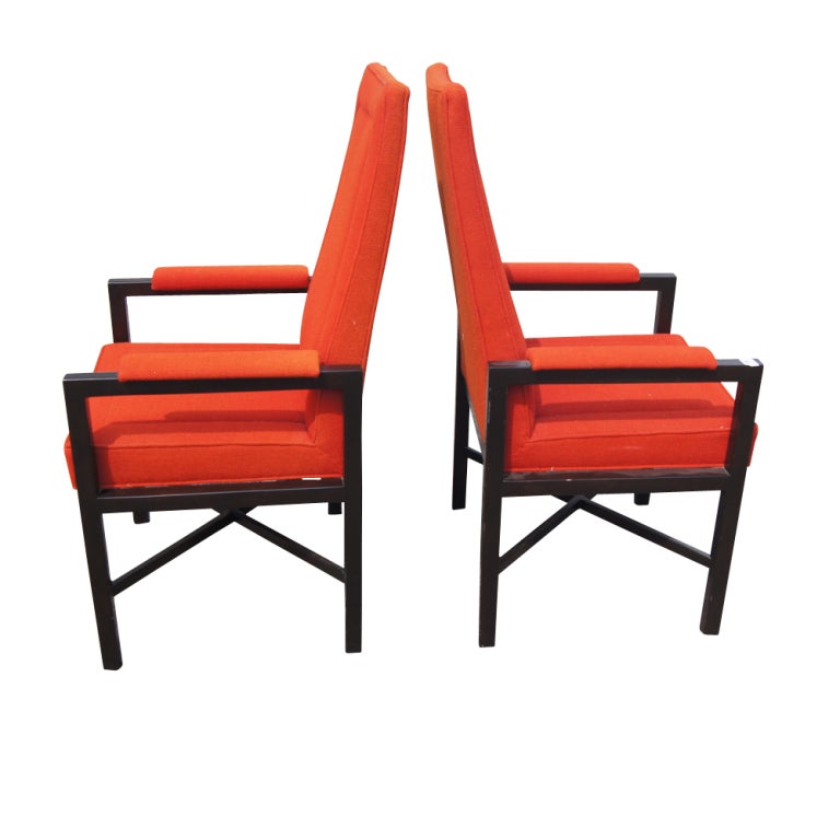 Pair of Roger Sprunger for Dunbar Guest Arm Chairs

A pair of Mid-Century Modern arm chairs designed by Roger Sprunger for Dunbar. Ebonized wooden frames with X stretchers. Original red Jack Lenor Larsen upholstery.


Armchair dimensions: 43