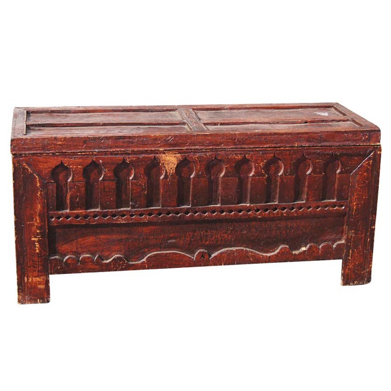 Rustic Moroccan Carved Wooden Trunk Chest