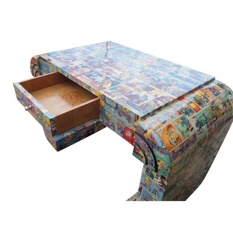 A console table or desk decoupaged all over with comic strips and finished with a heavy lacquer coat.