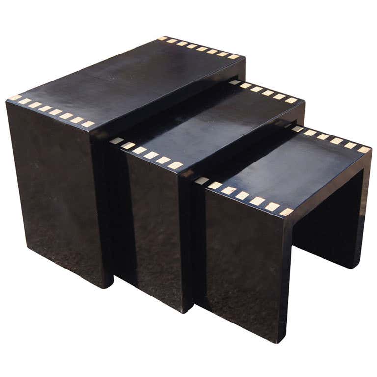 Three Teak Wood Sled-Base Nesting Tables For Sale at 1stDibs