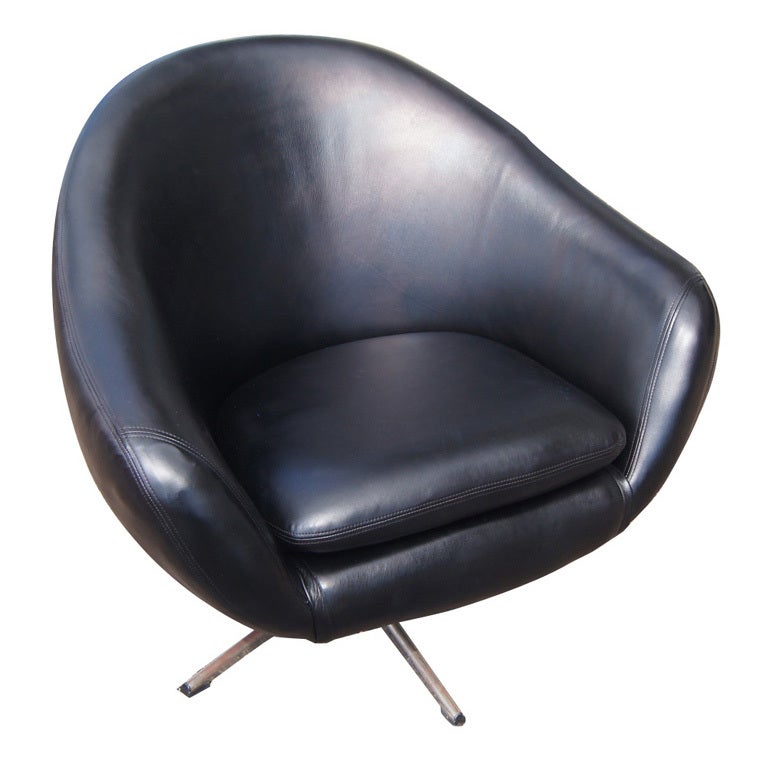 Overman Scandinavian Black Leather Swivel Pod Chair