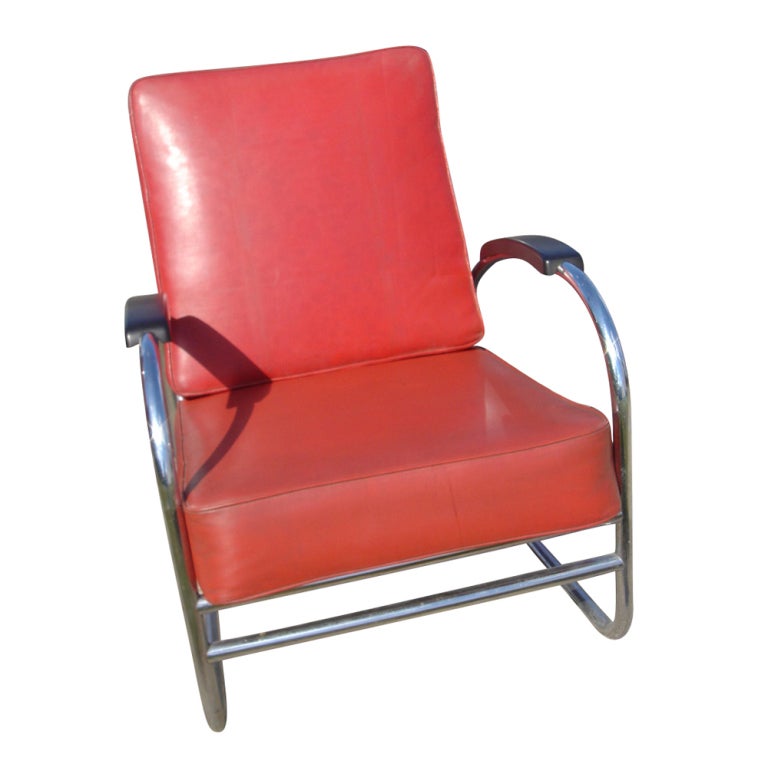 A pair of Art Moderne Royal Chrome lounge chairs made by Lloyd Loom.  Tubular chrome frames with original vinyl cushions and Bakelite armrests.