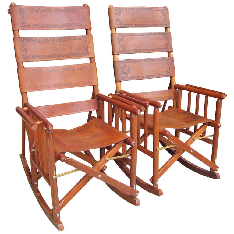 Costa Rican Leather Campaign Rocking, Folding Leather And Wood Rocking Chair