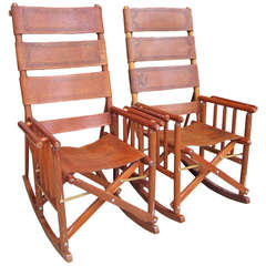 Costa Rican Leather Campaign Rocking Arm Chairs