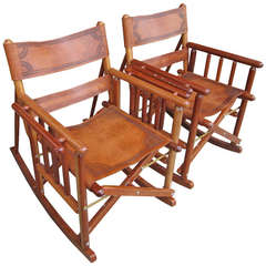 Retro Costa Rican Leather Campaign Rocking Side Chairs