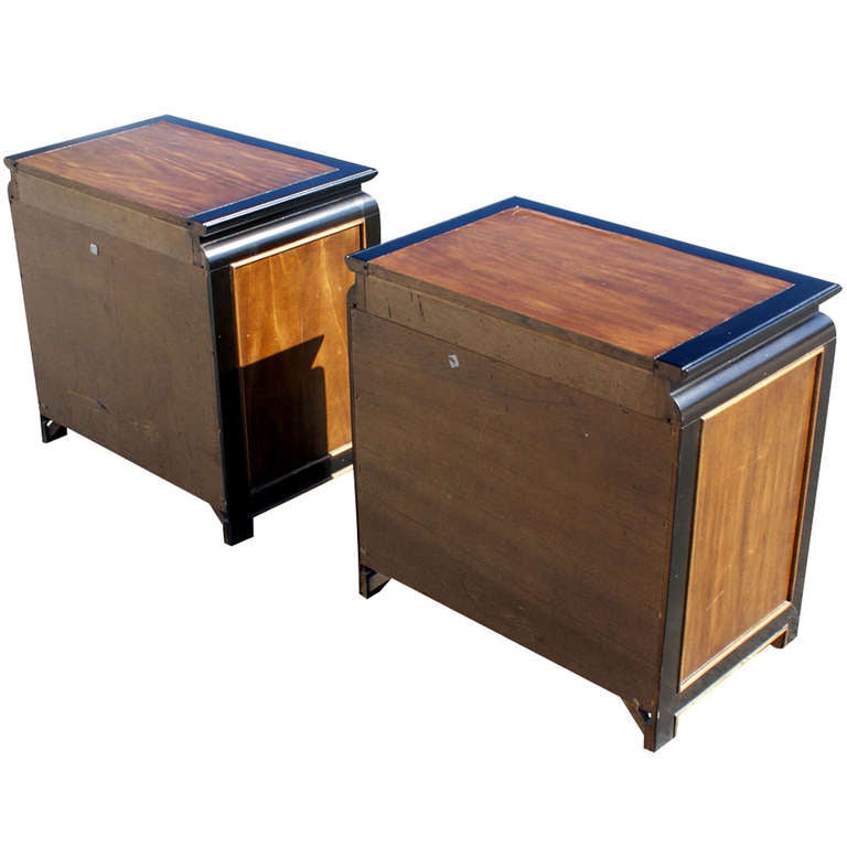 China night stands by Century Furniture Chin Hua line. Bronze motif hardware adorns this late Asian themed Modern pair into Hollywood Regency style design. Night stands are made of ash burl and ebonized maple wood. 

Matching headboard and dresser