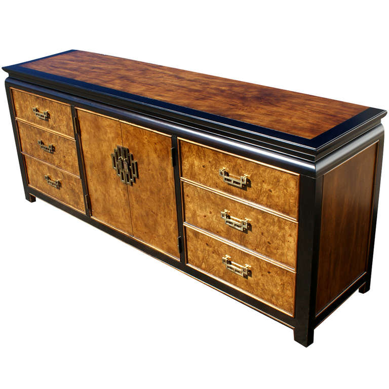 China dresser by Century Furniture Chin Hua line. Bronze motif hardware adorns this late Asian themed Modern into Hollywood Regency style design. Dresser is made from Ash burl and ebonized maple wood.

Headboard and night stands also available;