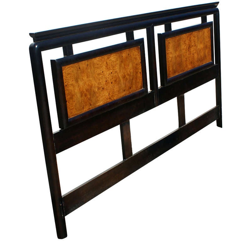 China Queen size Headboard by Century Furniture Chin Hua` An line. Late Asian themed Modern into Hollywood Regency style design. Headboard is made from Ash burl and ebonized maple wood.

Matching nightstands and dresser also available; please