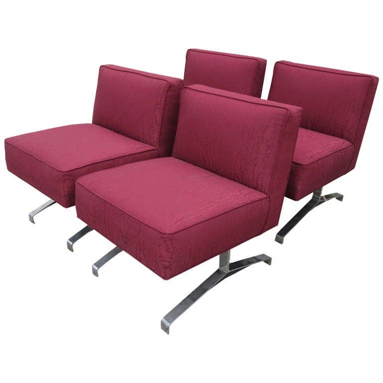 Set of Four Red-Patterned Club Lounge Chairs