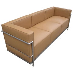 Le Corbusier LC2 Style Tubular Chromed Steel Tan Sofa