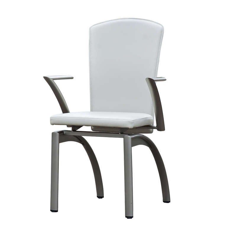 A set of four contemporary dining chairs made by Frag in Italy.  Two elegantly styled arm chairs and two side chairs in leather.