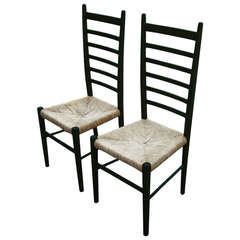 Pair of Vintage Italian Ladderback Chairs with Woven Rush Seats