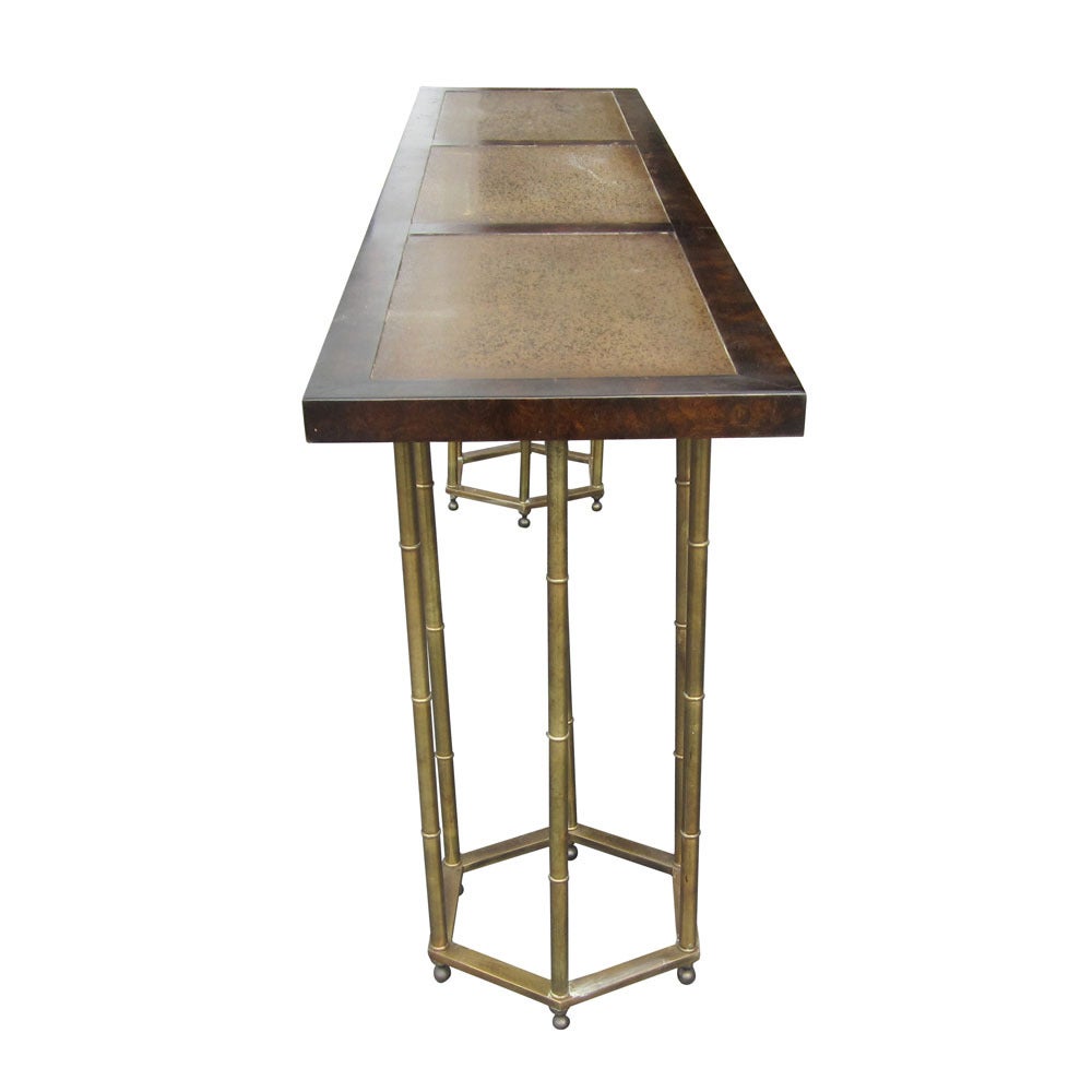 Burlwood and brass console with hexagonal leg design. Bamboo style with a patinated metal top.