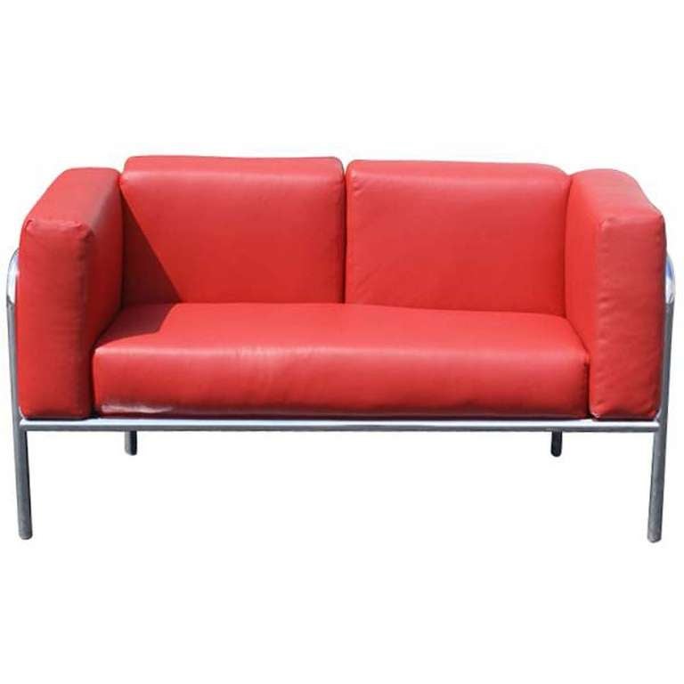 Vintage Red Leather LC2 style Loveseat in the manner of Le Corbusier