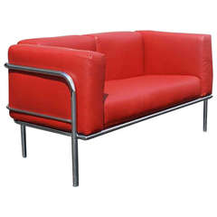 Vintage Red Leather LC2 style Loveseat in the manner of Le Corbusier  