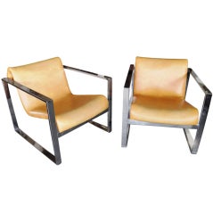 Leather And Chrome Milo Baughman Style Lounge Chairs 