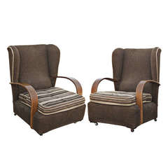 Pair of Art Deco Scrolled Arms Wing Chairs 12
