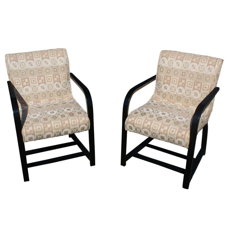 A set of six Art Deco dining chairs designed
by Gilbert Rohde. Gilbert Rhode Collection, Cooper-Hewitt, National Design Museum, Smithsonian Institution 

Bentwood and bent plywood chairs are newly upholstered in light beige geometric pattern